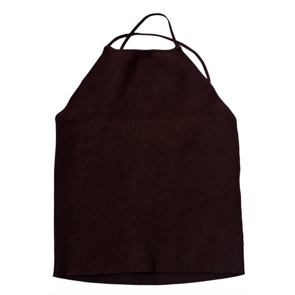 Zara Top Womens Small Ribbed Crop Halter Spaghetti Strap Brown Sleeveless | 6-28